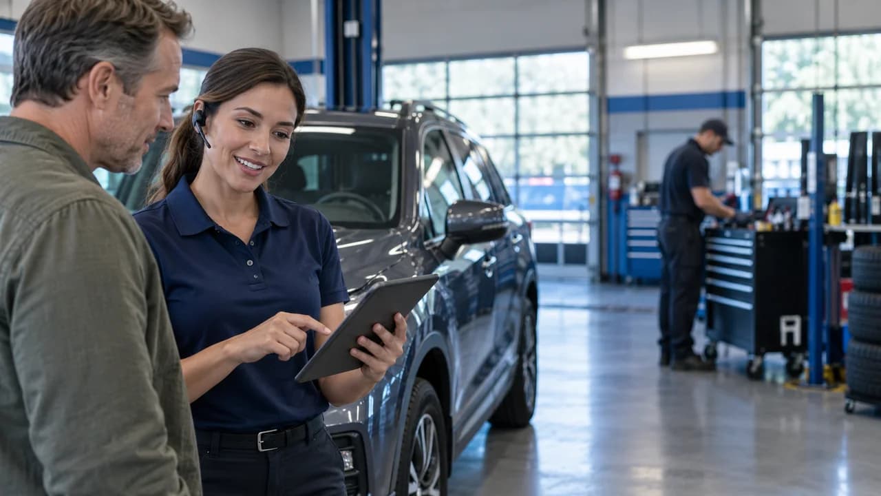 Auto service advisor helping a customer inside an independent repair shop