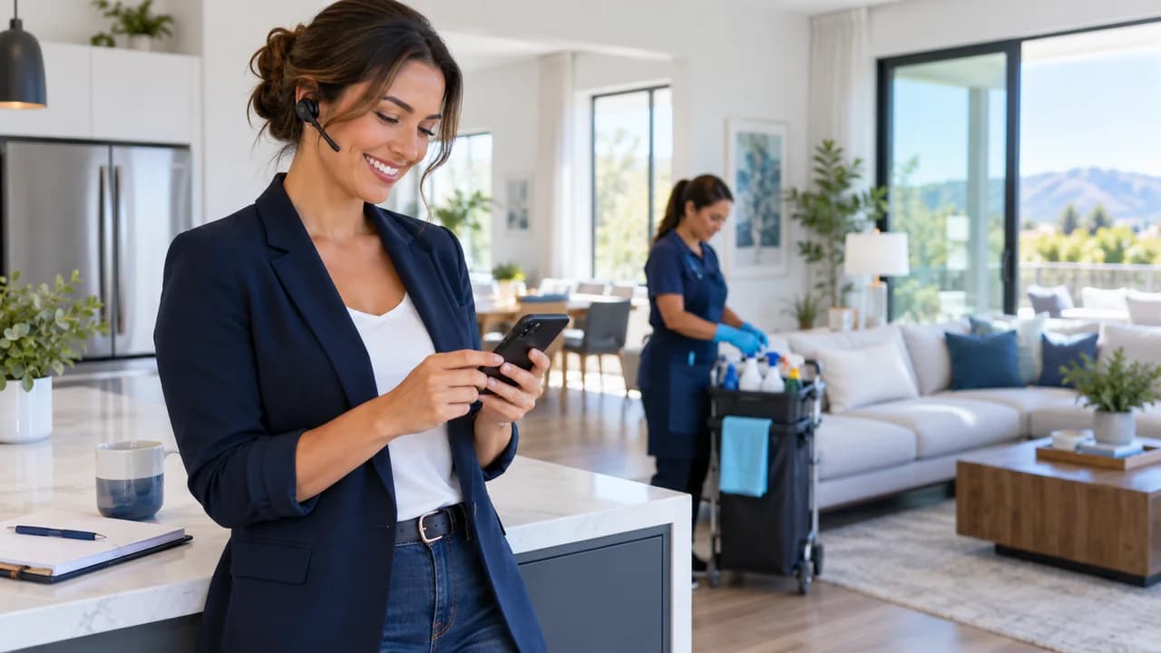 Cleaning company owner coordinating a customer request inside a home