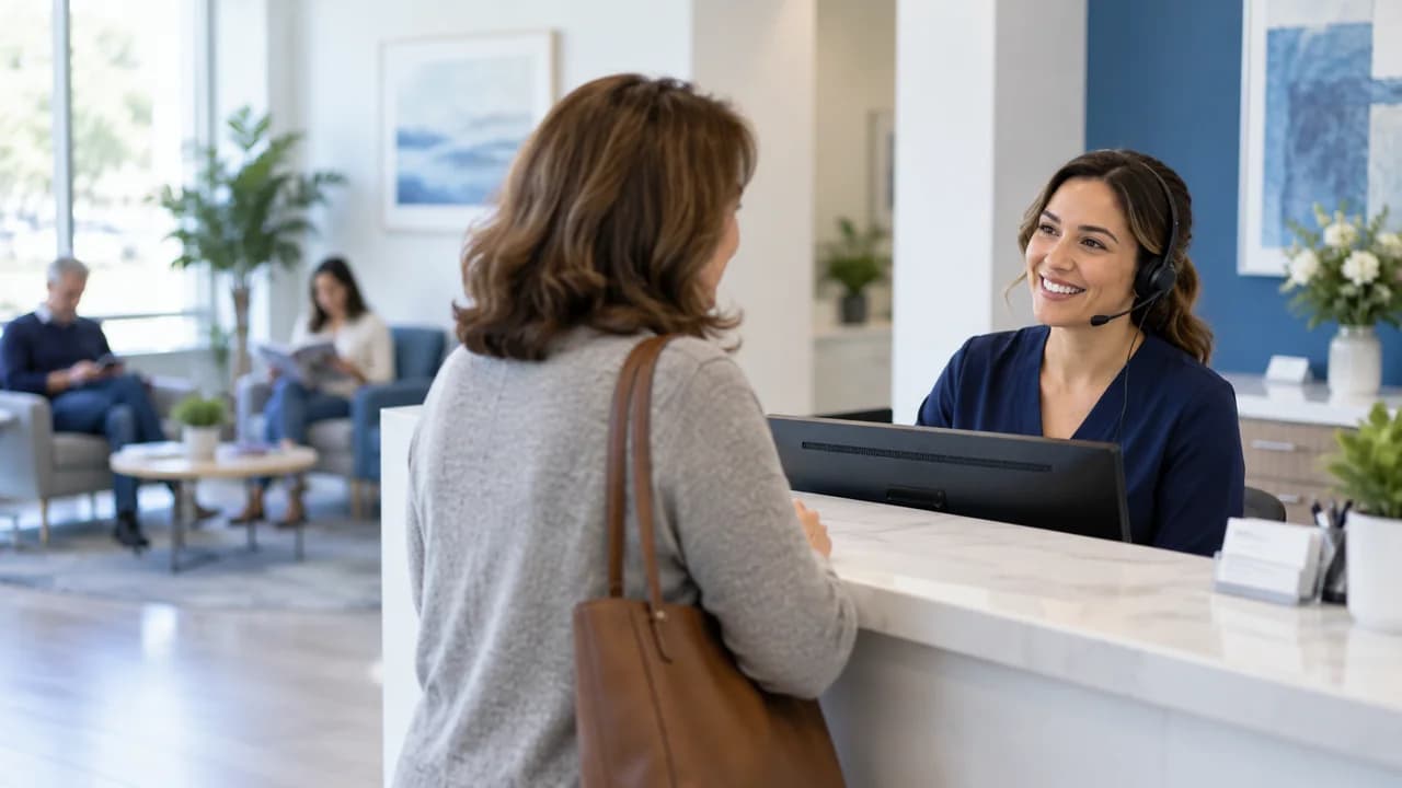 Medical office coordinator greeting a patient at a reception desk