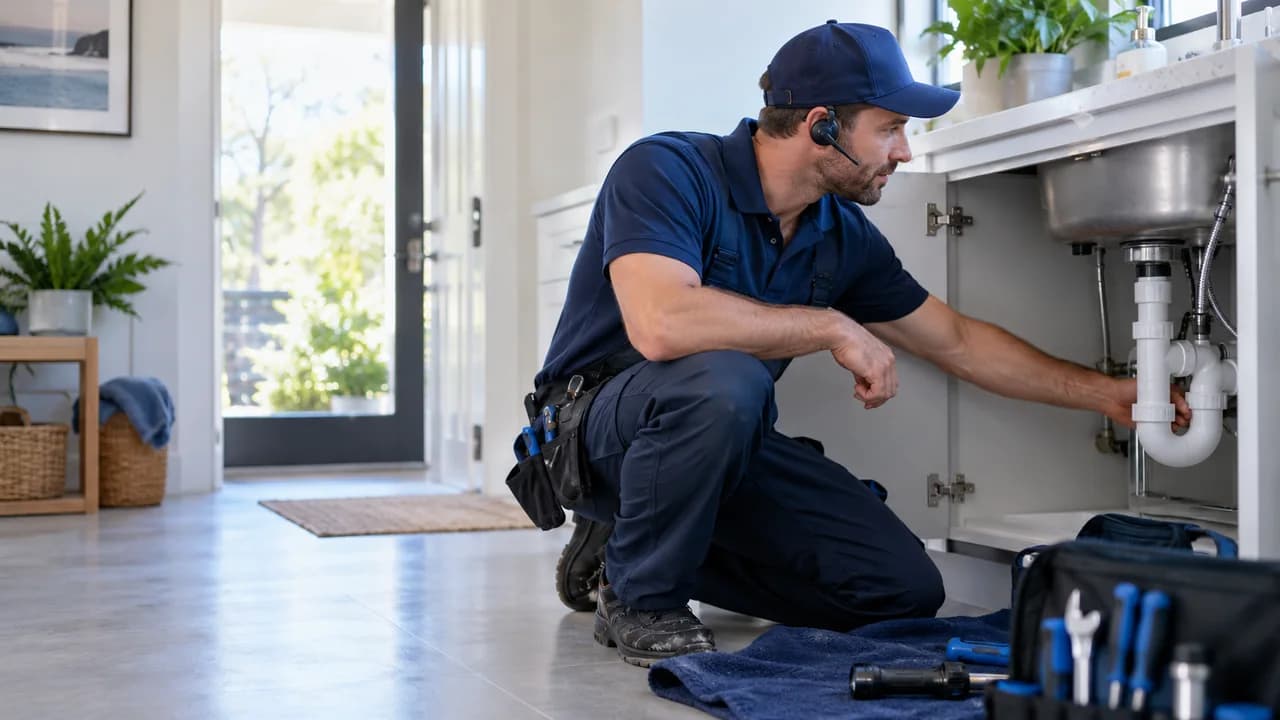 Plumbing professional using a headset while inspecting a residential water line