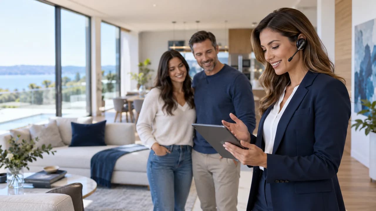 Real estate professional assisting clients inside a bright modern home