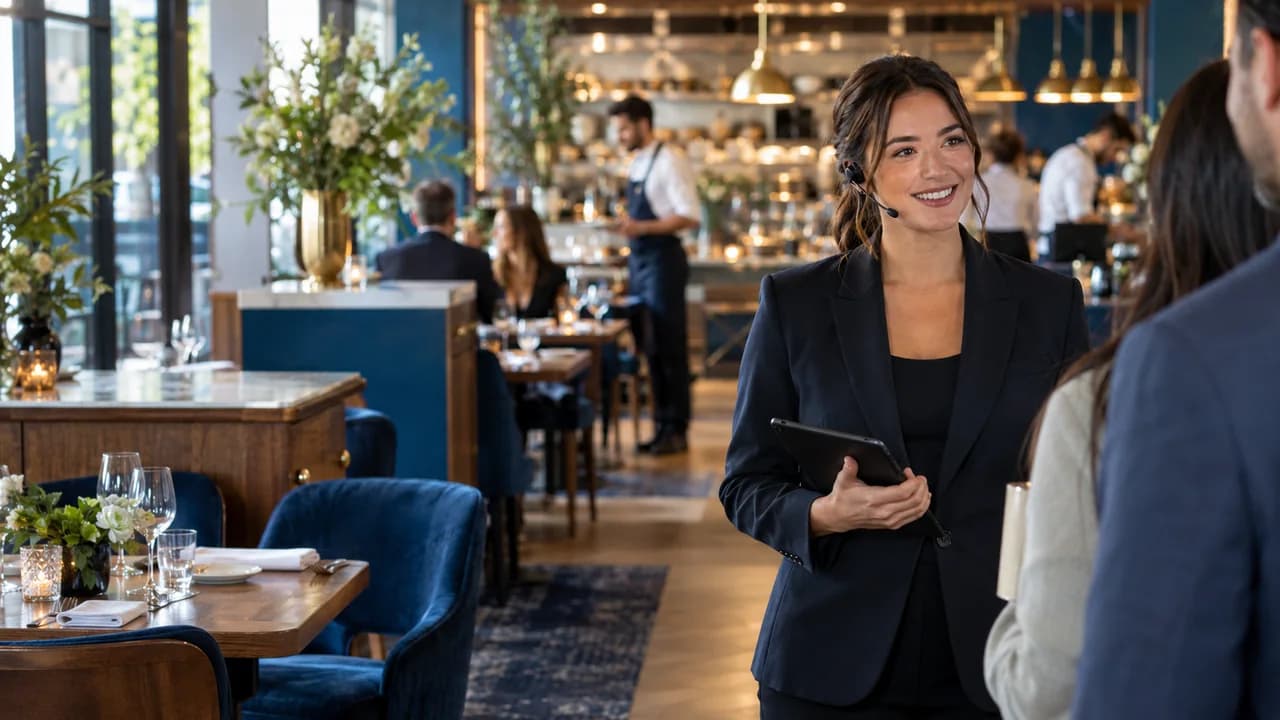 Restaurant host welcoming guests while managing reservations