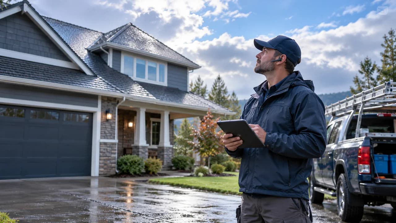 Roofing estimator reviewing a residential roof after wet weather