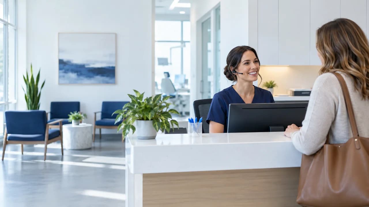 Dental office coordinator welcoming a patient at the reception desk