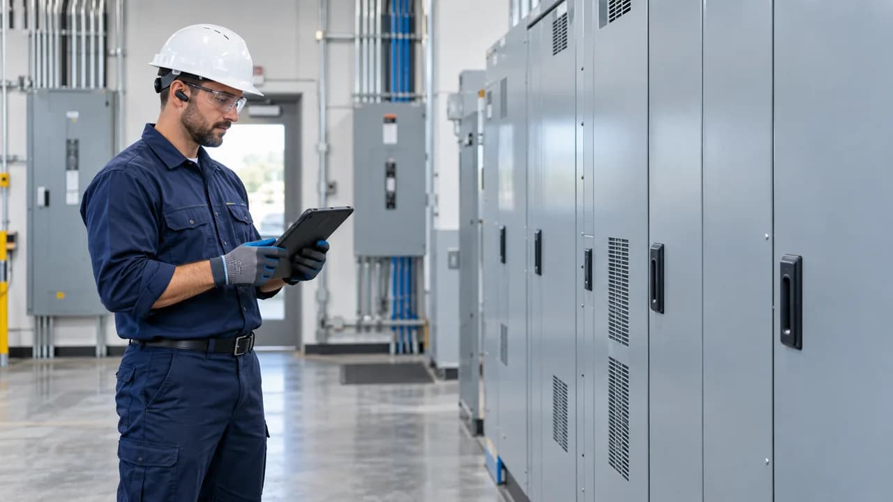 Electrician reviewing a commercial electrical system with a tablet