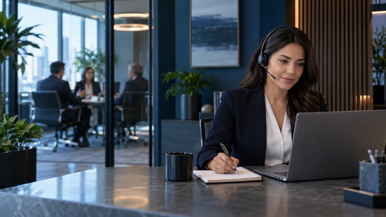 Law firm intake coordinator answering a new-client call in a professional office